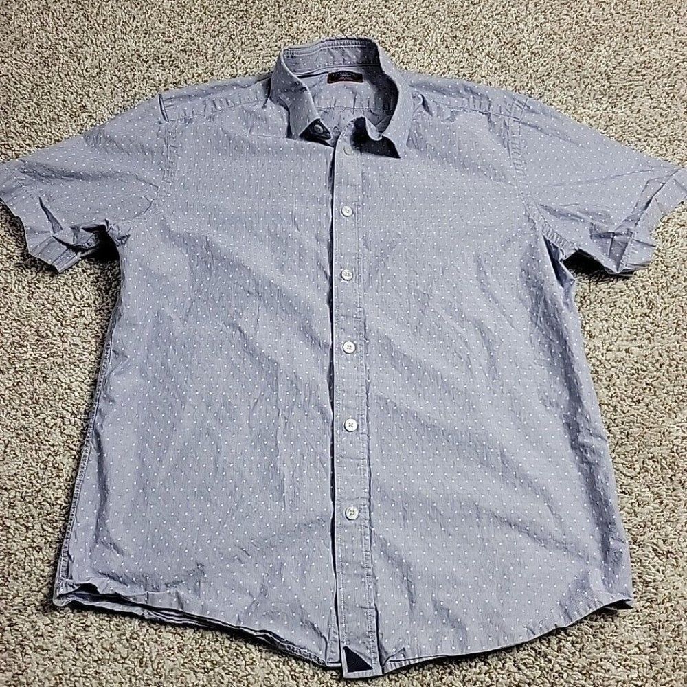 Untuckit Shirt Mens Medium Blue Button Up Short Sleeve Polka Dot Preppy